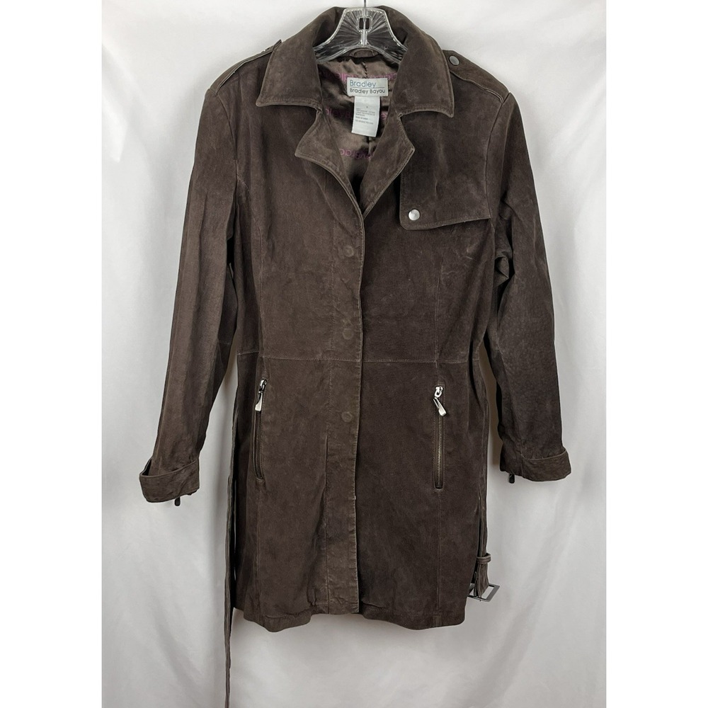 VTG Bradley‎ Bayou Brown Suede Leather Trench Coat Belted Y2K Outerwear Size S